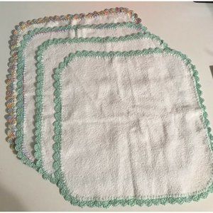 Set Of 4 Handmade White Towels With Aqua Crochet Edge. 11x11 Inches.